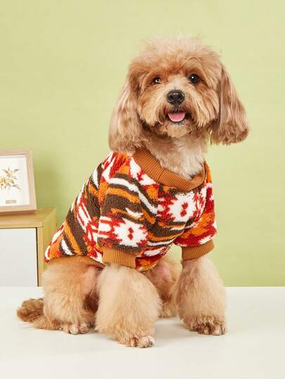 EOO 1pc Autumn/Winter Plush Pet Sweatshirt, Geometric Pattern, Suitable For Cats And Dogs, Fashionable Pet Clothing