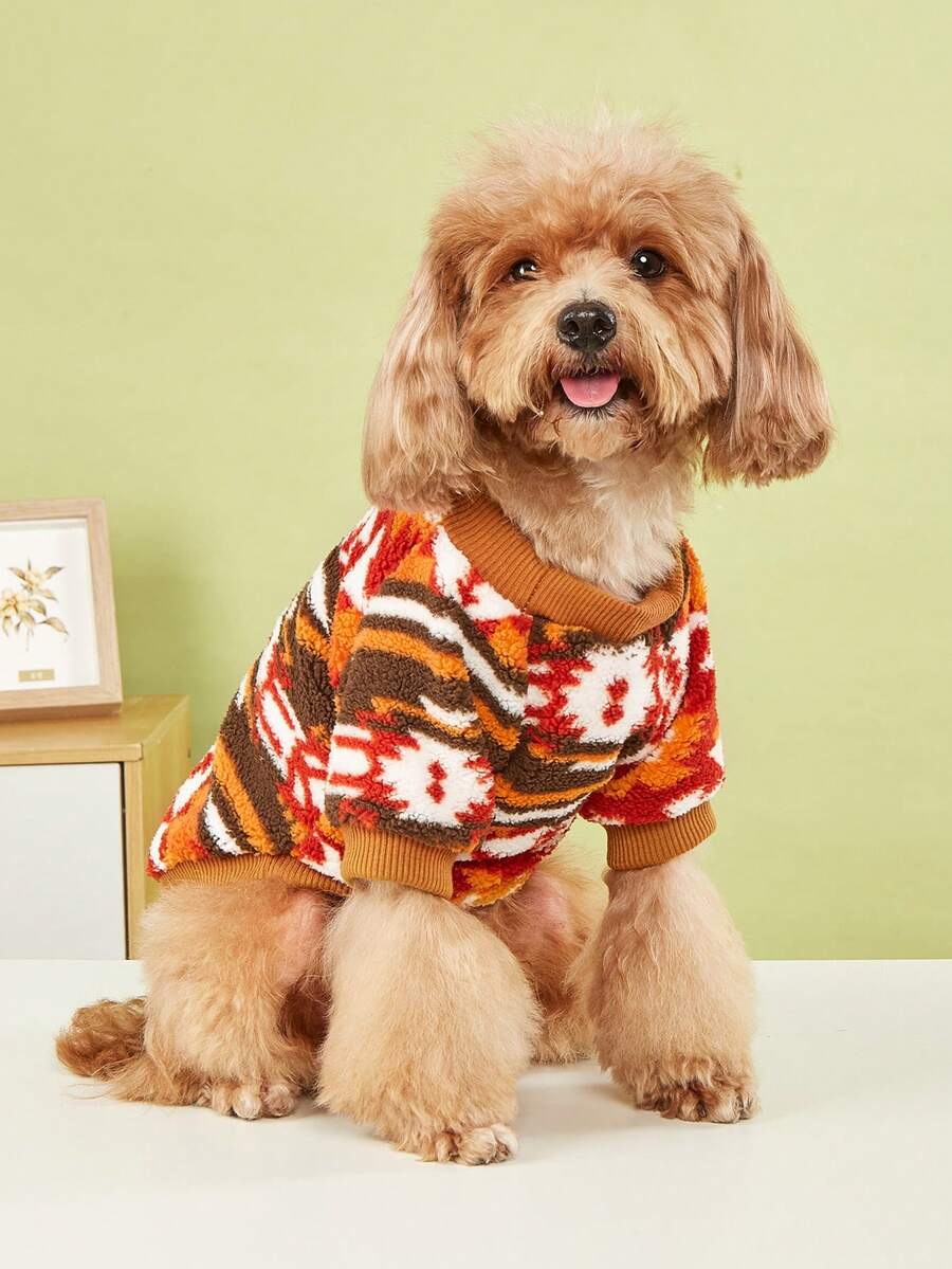 1pc Autumn/Winter Plush Pet Sweatshirt, Geometric Pattern, Suitable For Cats And Dogs, Fashionable Pet Clothing - Multicolor - View 1