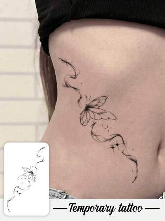 1 pieza Tatuaje temporal estilo Y2K de mariposa, estrella y cinta en tinta negra, resistente al agua y al sudor, lavable, falso tatuaje para el brazo, el hombro, adecuado para personas de moda