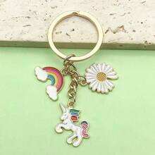 1 pieza Llavero de aleación con unicornio de arcoíris de dibujos animados con efecto de goteo de aceite, lindo colgante de arcoíris para bolsos de niñas