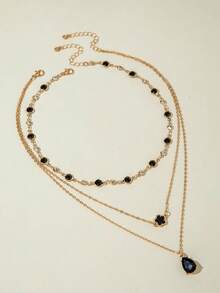 imoli 2pcs/Set Minimalist Rhinestone Tassel Chain Pendant Necklace Set, Layered Geometric Floral Charm Necklace, Casual Party Gift (Handmade Chain, Customized Rhinestone Quantity) - 23931-nek-black-3 - View 5