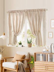 1 pieza Cortina corta de tela similar al lino beige, estilo minimalista japonés con flecos, cortina divisoria/cortina de café, adecuada para decoración de ventanas, armarios y puertas - Beis - Ver 6
