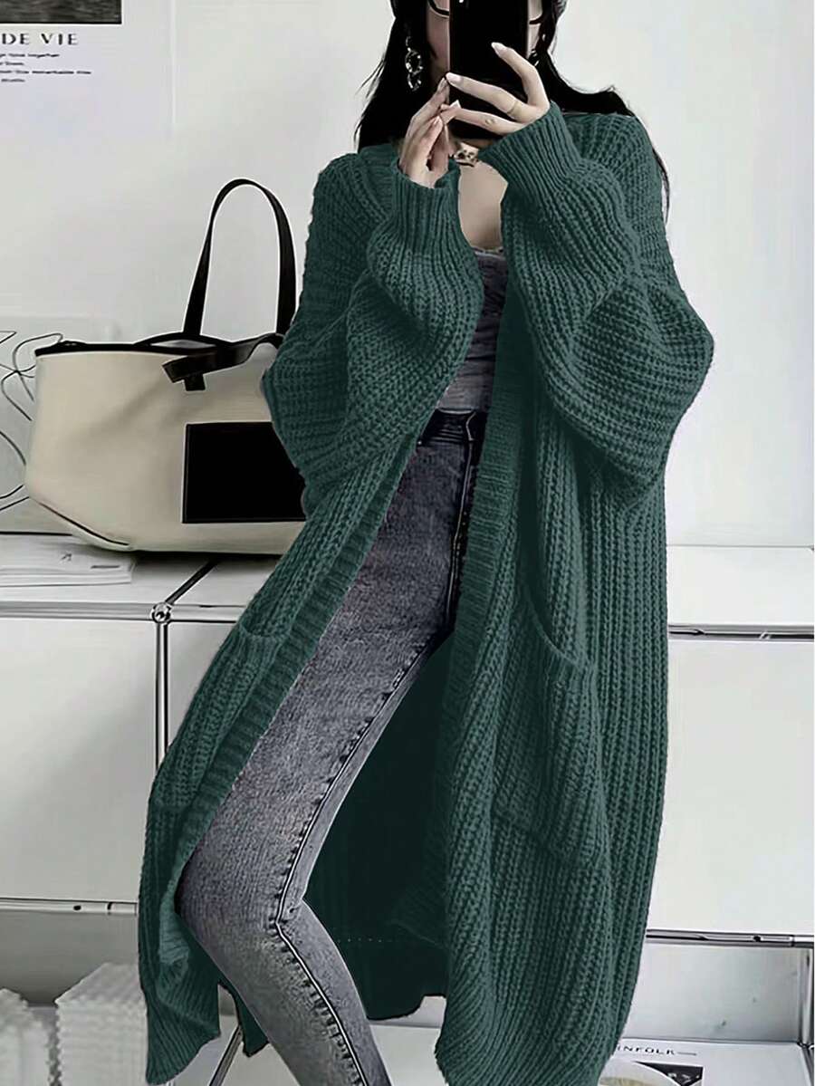纯色前开宽松针织开衫，休闲长袖长款带口袋毛衣，女士服装 - 墨綠色 - 查看 1