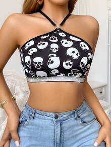 Women's Halloween Personalized Skull Print Cross Heart Strap Lace Bra - Black - View 4