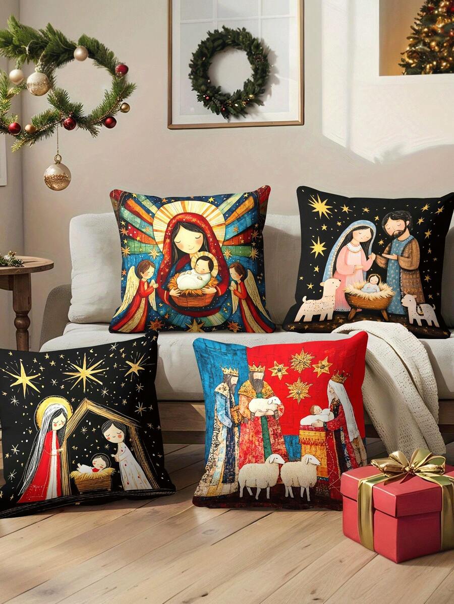 4pcs/1pc Christmas Themed Pillowcase Set - Printed With Nativity Scene, Mary, Joseph, Angels And Shepherds Patterns | 18x18 Inches | Hidden Zipper | Made Of Durable, Soft, Comfortable Fabric, Machine Washable, Suitable For Living Room, Patio And Bedroom Christmas Decor Pillowcases. Pillow Inserts Not Included. - Multicolor - View 1