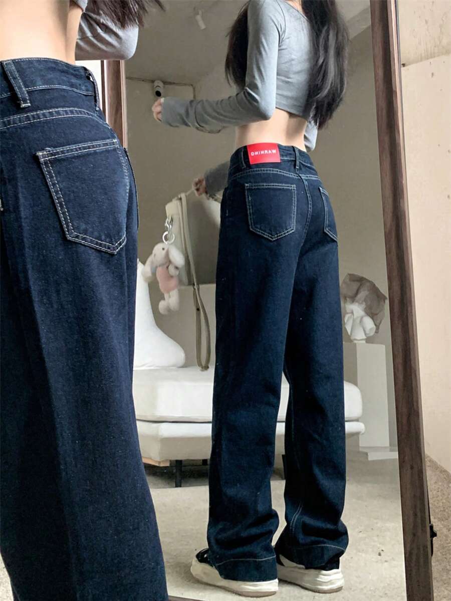 Navy Blue Versatile Straight Leg Jeans With Pockets, Ankle Length Pants For Women