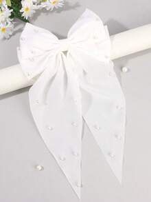 1 Peça Presilha de Cabelo com Pérola, Presilha de Jacaré com Laço Branco, Presilha de Cabelo com Laço Elegante para Rabo de Cavalo, Presente de Aniversário, Casamento, Festa e Festival, Acessório de Cabelo - Branco - Visão 9