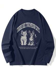 女式宽松棉质字母猫咪印花长袖T恤，百搭春秋两季 - 藏蓝色 - 查看 3
