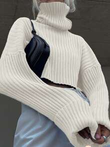 Ribbed Collar Solid Color Cropped Long Sleeve Loose Casual Knit Pullover Top - White - View 7