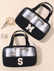1个透明PU/PVC字母形防水旅行洗漱包，拉链化妆品收纳袋，带便捷提手的便携式化妆包 - 黑色 - 查看 4