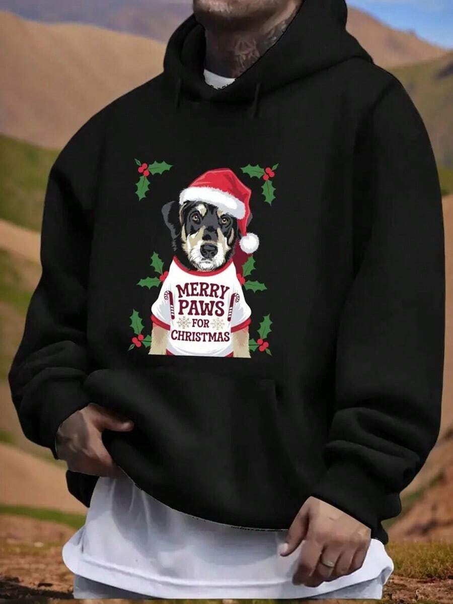 Men's & Boys' Black Fleece Hooded Sweatshirt With Paw Print & Pug Dog Christmas Design - Cozy Winter Pullover, Long Sleeve Casual Sweater For Dog Lovers,Fall Hoodies,Men's Fall Clothes,Street Wear,Halloween,Mens Hoodies,Y2k Clothes,Jesus Hoodie,Thanksgiving Day,Nightmare Before Christmas,Christmas - 黑色 - 查看 1