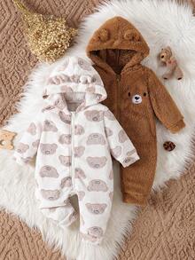 2 件男婴可爱熊印花刺绣连帽羊毛拉链连体衣，秋冬 - 彩色 - 查看 1