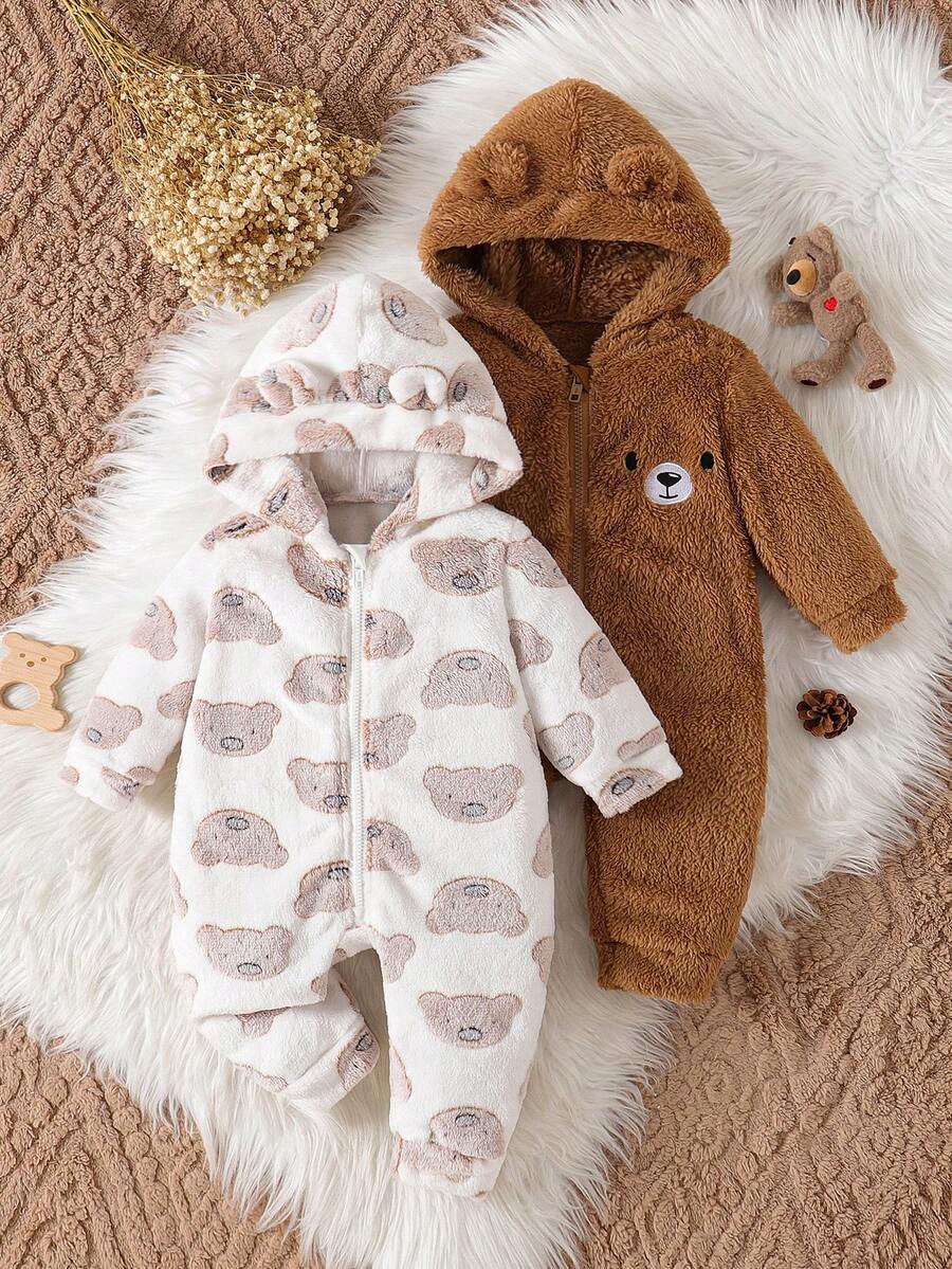 2 件男婴可爱熊印花刺绣连帽羊毛拉链连体衣，秋冬 - 彩色 - 查看 1