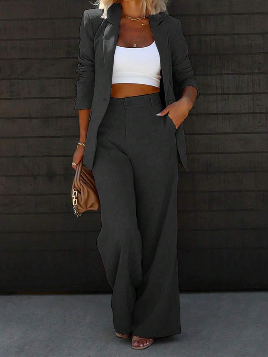Chicsale Elegant Business And Leisure Two-Piece Suit, Single-Button Lapel Suit Jacket And Slim Trousers, Women's Wear - 深灰色 - 查看 1