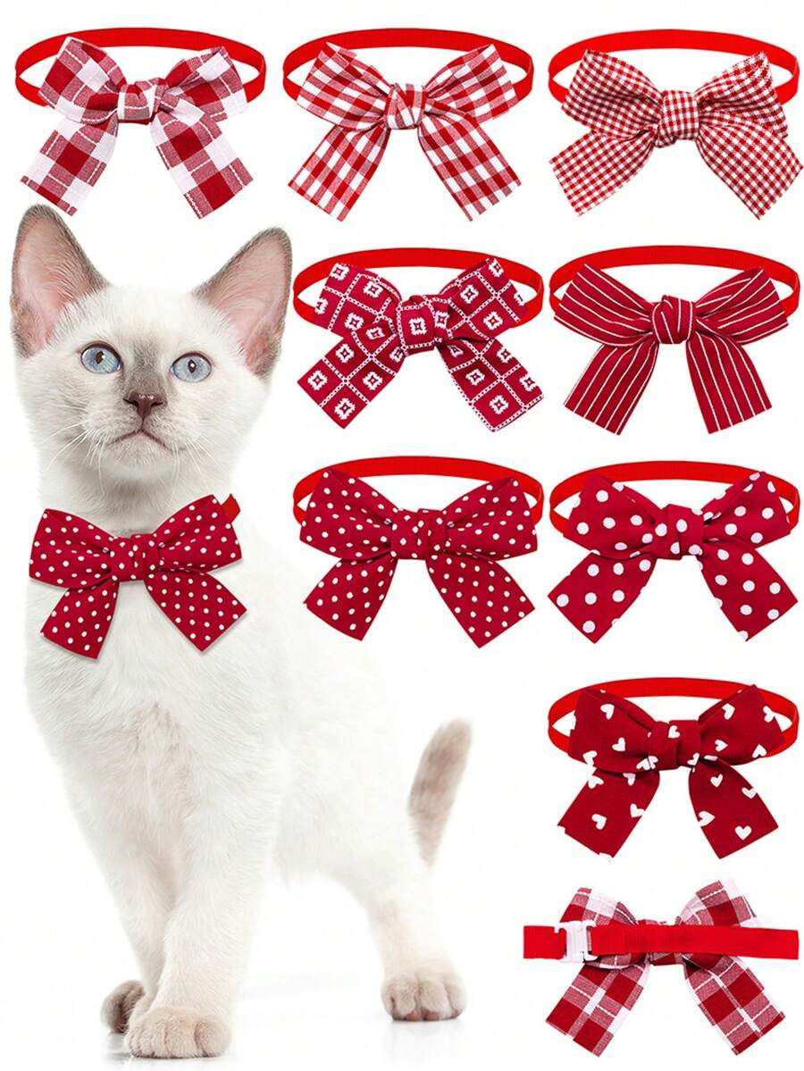 1PC Red Bow Tie Pet Tie, Creative Grid Ripple Dot Stripe Design Elements, Suitable For New Year And Christmas, Decorative Accessories For Small Dogs And Cats - Multicolor - View 1