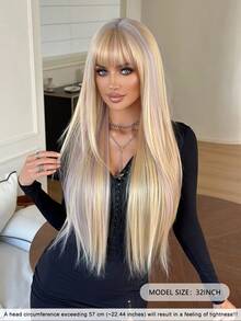 NICKY WALL 32Inch Extra Long Straight Layered Blonden Highlights Wigs For Women Elegant Nature Looking Wigs With Full Bangs,High Density Fluffy Synthetic Heat Resistant Fiber Hair,For Beginners Glueless Daliy Party Use - 漸變金色 - 查看 3