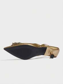 女士水钻装饰纯色尖头后系带猫跟露跟高跟鞋，时尚舒适，适合优雅派对、宴会、晚礼服、秋冬季节穿着，金色高跟鞋搭配商务装束，优雅迷人。 - 金色 - 查看 8