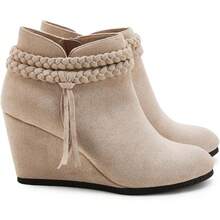 Womens Wedge Ankle Boots Braided Fringe Strap Western Heeled Fall Booties Dress Shoes - 2-Xám đậm (giả da lộn) - Xem 8