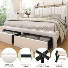 SIBEDS Queen LED Bed Frame With 2 Drawers, Modern Platform Twin Beds With 2 Tier Upholstered Storage Wingback Headboard, Channel Tufted Queen Size Bedframe With Rivet Decor, Full Storage Bed, No Box Spring Needed, PU Leather Black White, Linen Dark Grey - PU Trắng - Xem 4