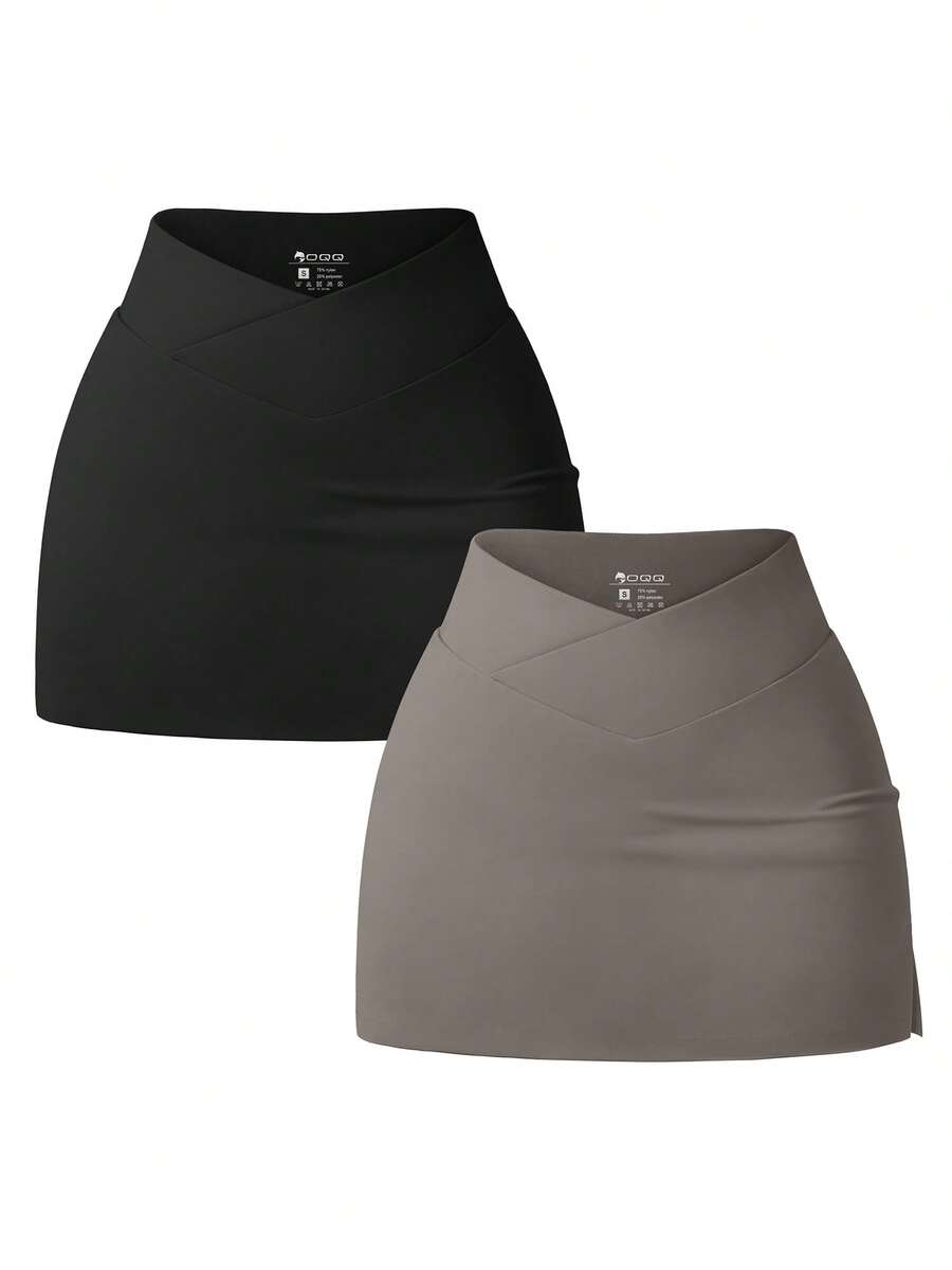 OQQ Women's 2 Piece Yogas Skirts Basic Versatile Stretchy Casual High Waist Mini Skirts Fabric Womenswear - 黑色和棕色 - 查看 1