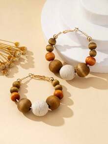 1 Pair Women Wooden Bead Hoop Earrings, Suitable For Daily Wear, Autumn/Winter
