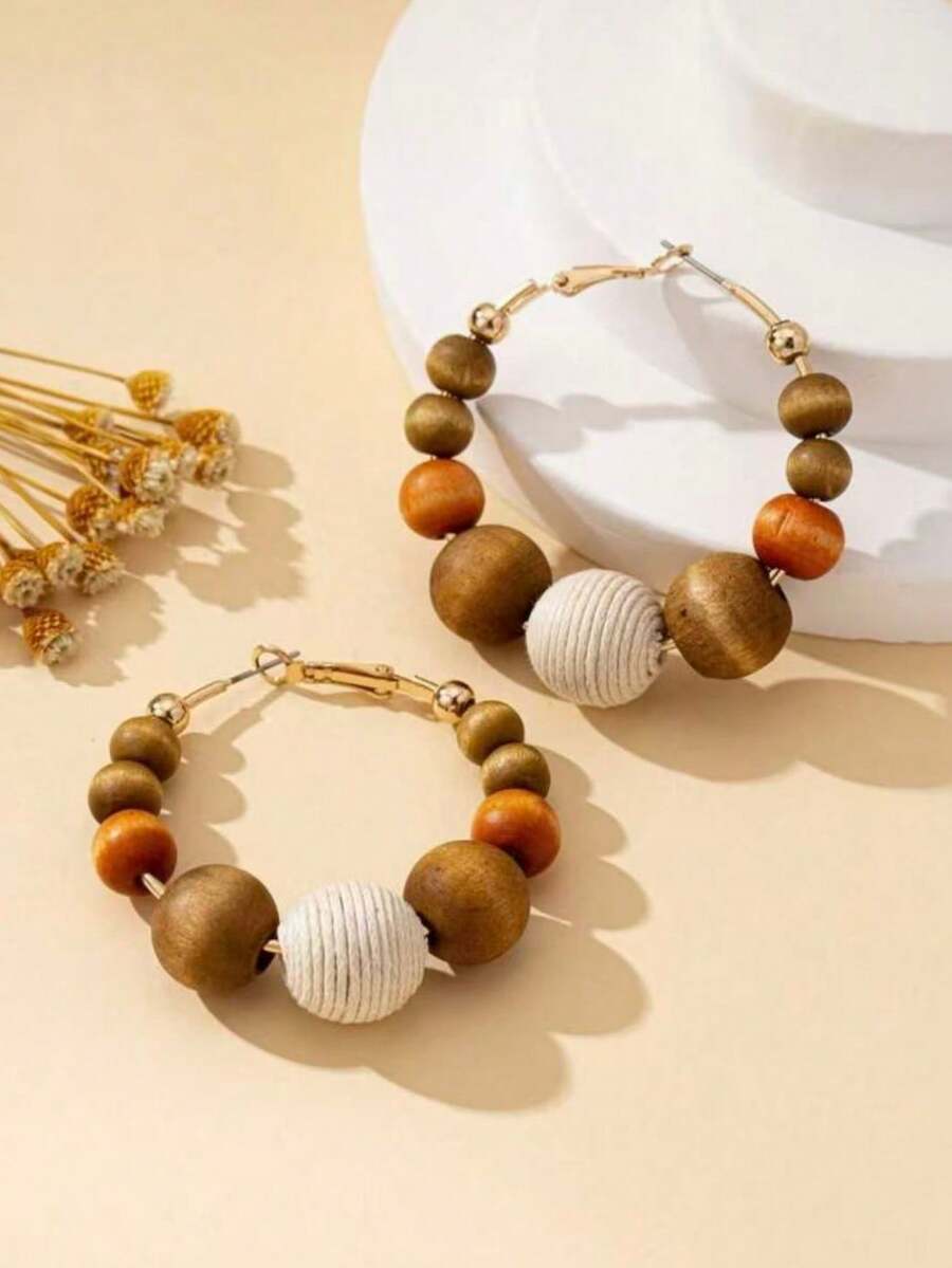 1 Pair Women Wooden Bead Hoop Earrings, Suitable For Daily Wear, Autumn/Winter