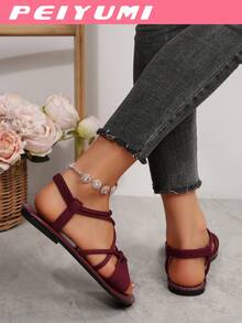 PEIYUMI 女士时尚凉鞋，优雅蝴蝶结和交叉带设计，舒适百搭，适合各种场合，多种颜色可选 - 酒紅色 - 查看 6