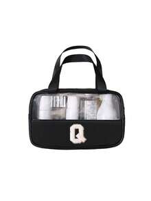 1个透明PU/PVC字母形防水旅行洗漱包，拉链化妆品收纳袋，带便捷提手的便携式化妆包 - 黑色 - 查看 30