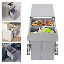 400 Cabinet Double Pull-Out Waste Bin, Under Sink Sliding Trash Can With Door Linkage Panel, 40L Dual Compartment Kitchen Recycling Garbage Bin For Built-In Cabinet Installation - Grey - View 2