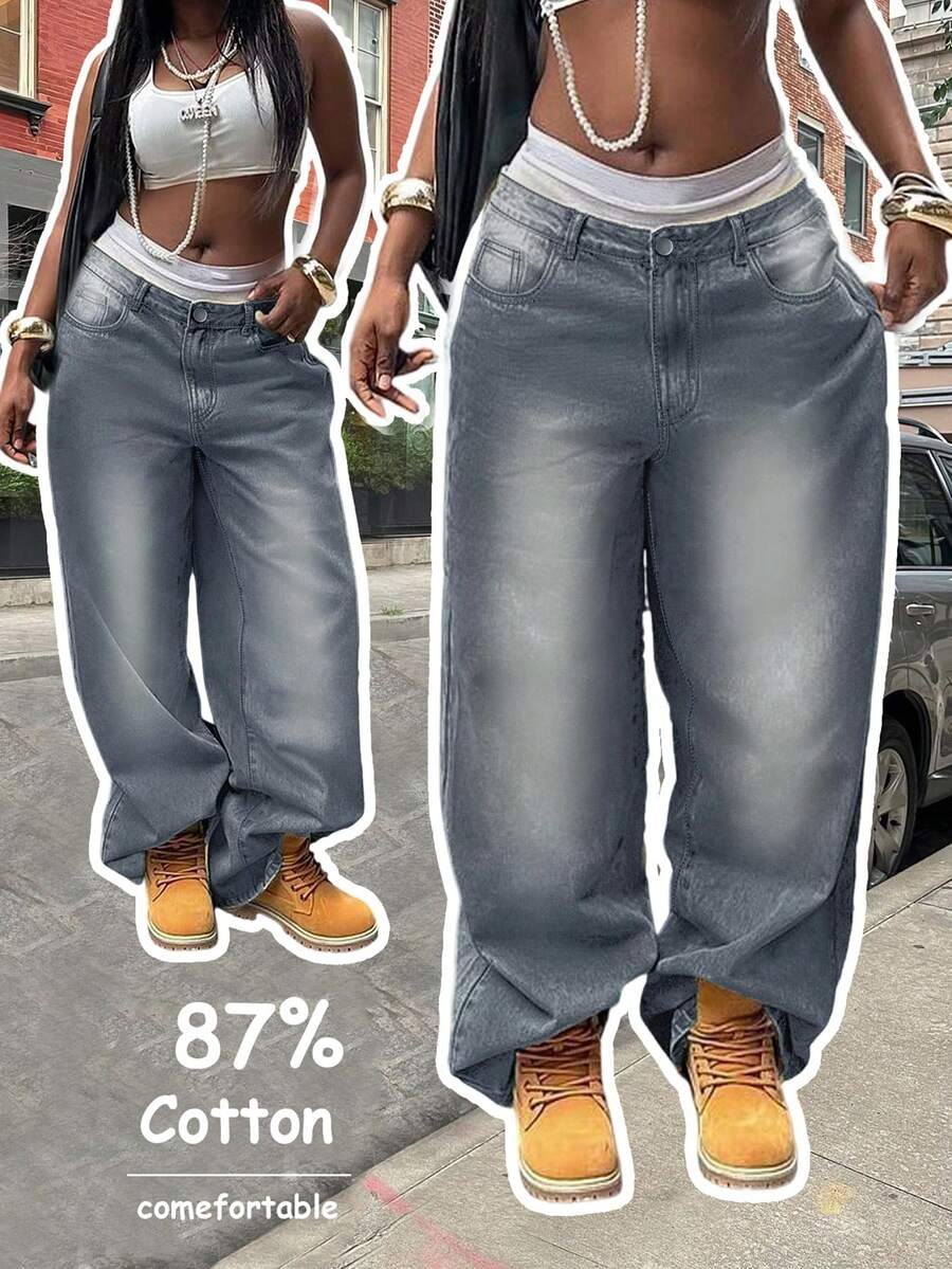 Jeans de pierna ancha con efecto lavado y desgastado, estilo vacacional Y2K para mujeres - Gris humo - Ver 1