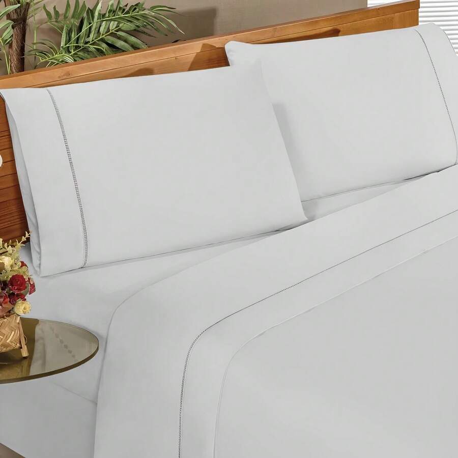 Ponto Palito Bed Sheet Set Kit Single/Double/Queen/King MicroPercal 4 Pieces With Pillowcase 400 Thread Count - White - View 1