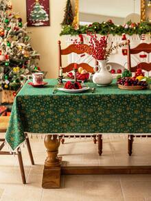 1pc Merry Christmas Green Rectangle Tablecloth, Christmas Golden Bells, Beige Tassel Decor, Washable, Dining Table Cover, Holiday Home Decor, Party Tablecloth, Dresser Scarf, Festive Occasion Decoration, Suitable For Kitchen, Dining Room, Wedding, Holiday, Party, New Year, Christmas Decor, Gift - Green - View 9