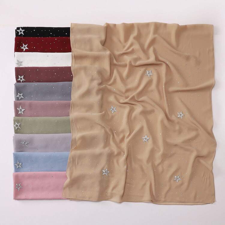 1pc Solid Color New Chiffon Starry Sky Rhinestone Pentagram Long Scarf, Women's Muslim Multifunctional Headscarf, Daily Outdoor Accessory Shawl, Ideal For Wrapping Hair, Decorating Outfits And Holiday Gifts - A - View 2