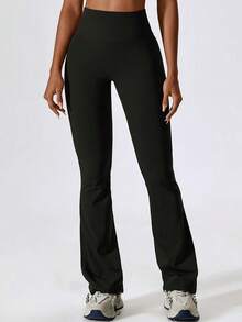 女士纯色提臀紧身裤，高腰健身打底裤，喇叭裤腿瑜伽裤 - 黑色 - 查看 4