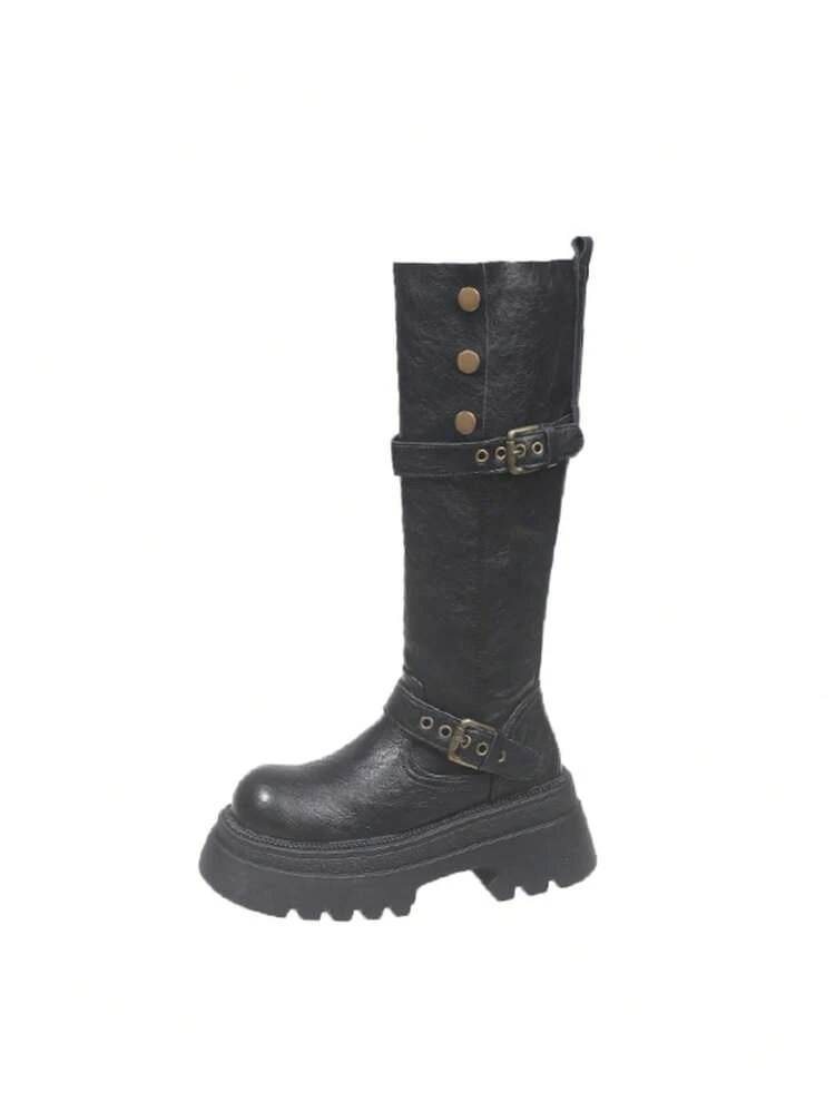 1 par de botas de mujer de unicolor, estilo vintage y moda de cuero para ir al trabajo, nuevas botas altas de plataforma de estilo británico salvaje 2025, con hebilla, de suela gruesa, de estilo punk, de color negro y marrón, para otoño/invierno - Negro - Añade 10