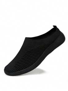 女式黑色透气针织休闲平底一脚蹬鞋，轻便舒适 - 黑色 - 查看 12