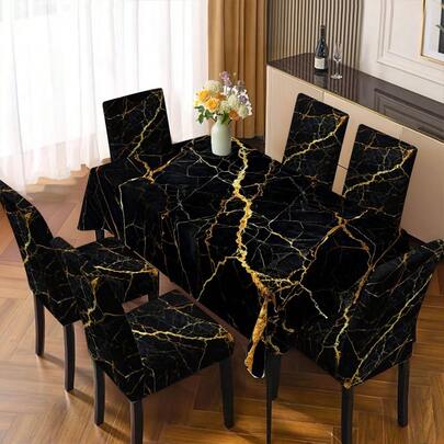 4/6/5/7 delar elegant set med guldfärgad marmorerad duk och stolsöverdrag, 4 delar (4 stolsöverdrag), 6 delar (6 stolsöverdrag), 5 delar (1 duk + 4 stolsöverdrag), 7 delar (1 duk + 6 stolsöverdrag), Lämplig för inomhus/utomhus, hemmasammankomster, bords- och stolsdekorationer för högtider, återanvändbar