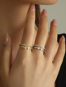 1 pieza Anillo de mujer minimalista con diseño geométrico de corazón y círculo, decoración diaria, regalo de citas para chicas, anillo de cobre con circonita cúbica