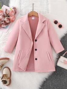 Bestselling Girls' Thick Wool Blend Coat, Lapel Collar, Button Closure, Pockets, Minimalist Design, Warm School Style Children Outerwear, Autumn/Winter - Pink - View 1