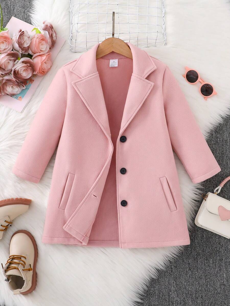 Bestselling Girls' Thick Wool Blend Coat, Lapel Collar, Button Closure, Pockets, Minimalist Design, Warm School Style Children Outerwear, Autumn/Winter - Pink - View 1