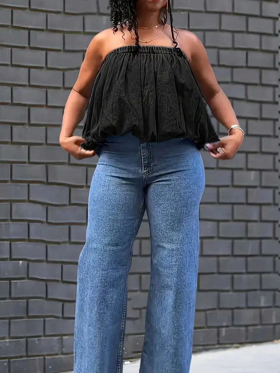 HERTALK Solid Color Casual Elegant Elegant Pleated Edge Asymmetrical/Irregular Backrest,Women Denim Top - 黑色 - 查看 1