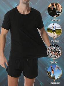 1pc Men's Sweat Enhancing Short Sleeve Shirt, Silver Lining Insulation, Fitness Gym Workout Sweat Inducing Clothing, Rapid Sweating, Temperature Locking Sweat Boosting Fitness Top - Blue - View 5