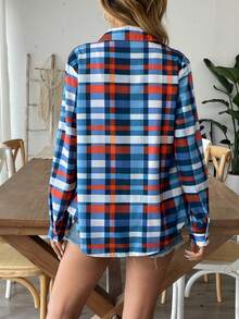 Áo sơ mi dài tay cổ bẻ in họa tiết kẻ caro, cài cúc phía trước và có túi, thích hợp cho mùa xuân. - Màu Cam cháy - Xem 5