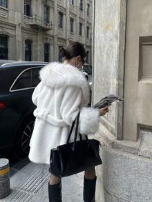 Women's Elegant Faux Fur Coat, Waterfall Collar, Long Fluffy Warm Jacket, Luxury & Noble, Winter - White - View 9