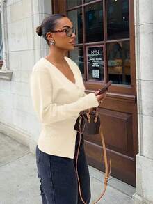 For Love & Bella Women's Sexy & Elegant Deep V-Neck Solid Brown Knit Cardigan, Fitted Minimalist Button Front Knit Sweater, Autumn/Winter - Apricot - View 4