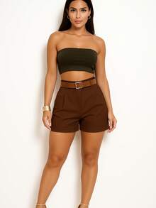 Women's Tailored Shorts, High Waist, Simple, Pocket, Belt, Zipper - Rỉ Nâu - Xem 2