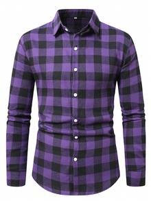 男士长袖拉绒格子衬衫，商务休闲，黑白，秋冬