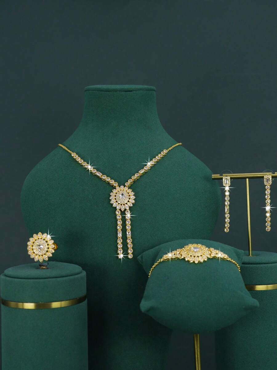 Juego de joyería nupcial de 5 piezas con baño de oro de 18K, diseño de borla redonda de estilo real, con circonita cúbica blanca engastada a mano, que incluye collar, pulsera, pendientes y anillo, adecuado para uso diario y ceremonia de boda, regalo de aniversario de boda