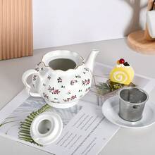 MBB 1 Juego de tetera de cerámica grande con infusor de acero inoxidable, tetera de estilo europeo hecha a mano de cerámica, juego de té vintage para regalo, tetera de 1000 ml (33.5 oz) - Tetera de cerámica premium con infusor para té floreciente y suelto - Tetera de cerámica con decoración de rosas, tetera blanca con decoración de rosas, tetera de 33.5 onzas con tapa, tetera clásica para servir té y café, hecha de nueva porcelana de hueso, apta para lavavajillas, tetera con hojas