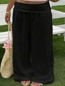 Women Pants - Loose Wide Leg Straight Leg Solid Color - Black - View 1